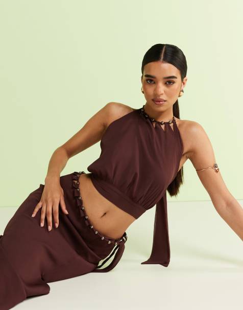 ASOS DESIGN – Brun topp med pärlprydd halterneck, del av set - view 1