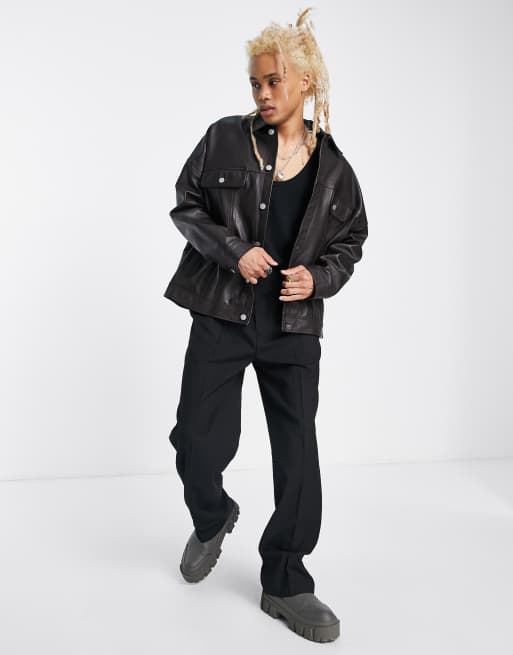 ASOS DESIGN – Brun truckerjacka i äkta läder och oversize