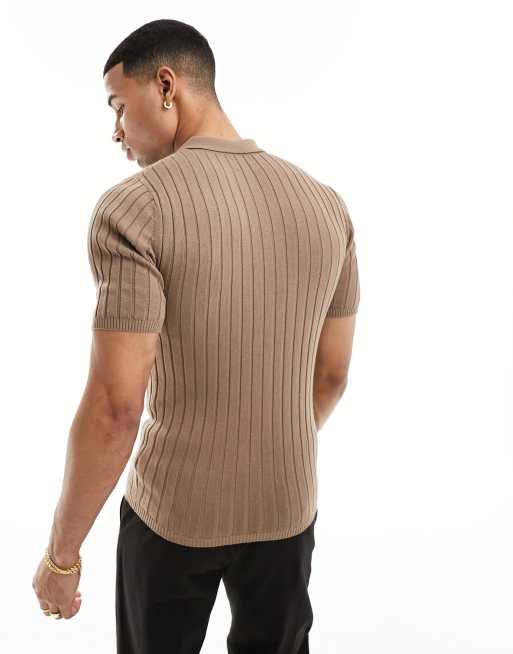 ASOS DESIGN – Brun, tunn, ribbstickad pikétröja i muscle fit, 4 av 4