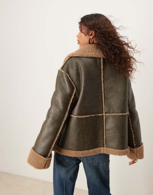 ASOS DESIGN – Brun, tvättad pilotjacka med teddykrage, 3 av 4