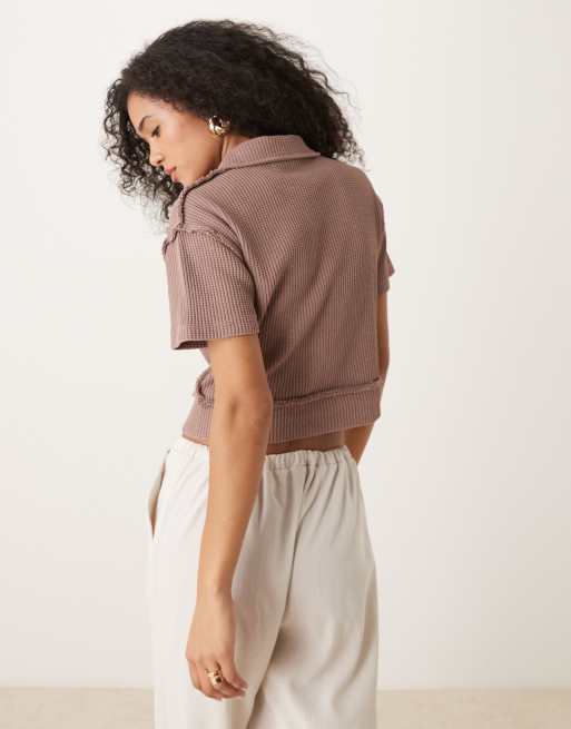 ASOS DESIGN – Brun, tvättad, våfflad skjorta i kort design med knappar, 4 av 4