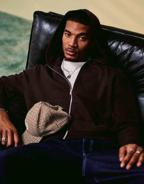 ASOS DESIGN – Brun, våffelstrukturerad huvtröja med boxig oversize-passform och dragkedja - view 1