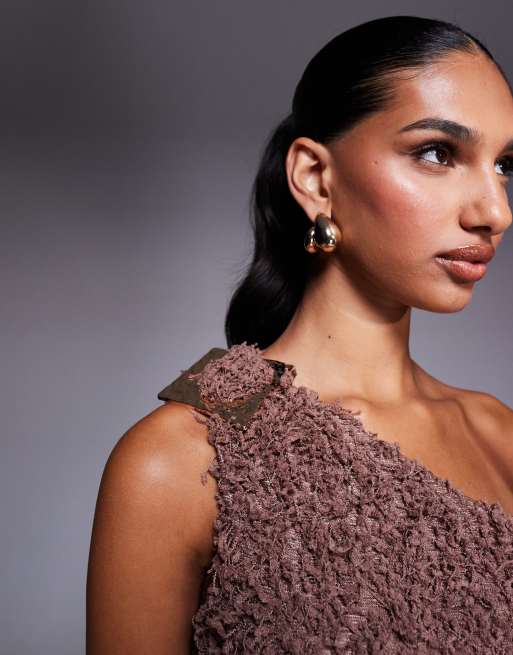 ASOS DESIGN - Brun vamset oneshoulder-maxikjole med knude- og kantdetaljer og udskæring, 3 af 4