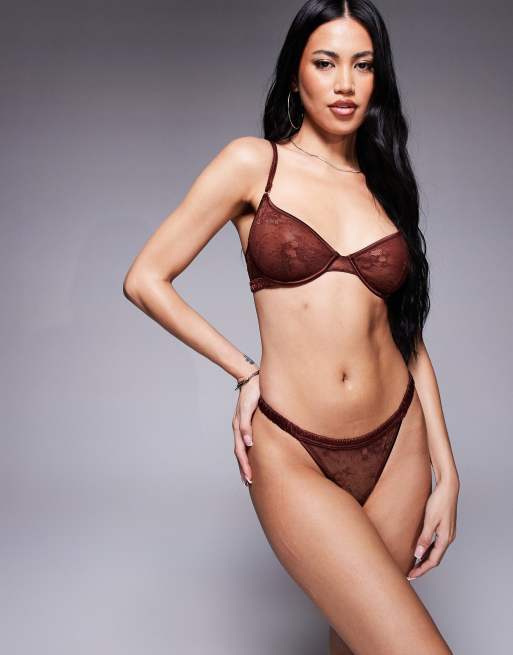 ASOS DESIGN Bruna lace tanga lingerie thong with satin binding in chocolate, 3 of 4