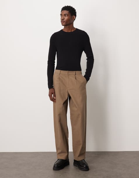 ASOS DESIGN – Bruna, lediga, raka byxor med veck i mockaimitation - view 1
