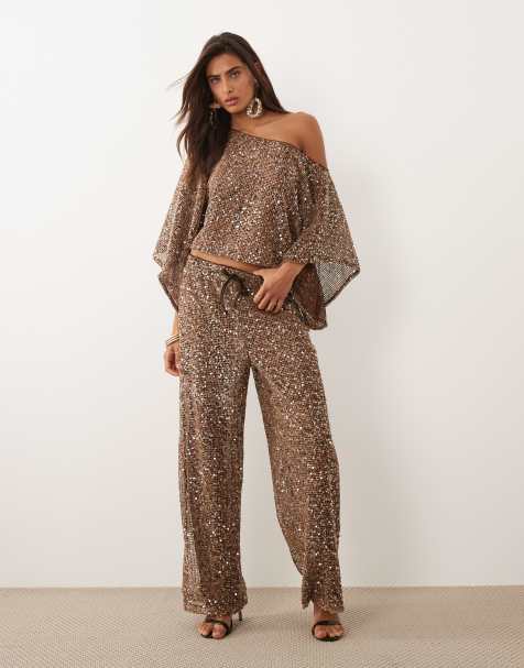ASOS DESIGN – Bruna, skira, virkade byxor med vida ben och paljetter - view 1