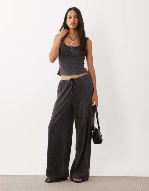 ASOS DESIGN – Bruna, tvättade byxor med ribbad textur och knytning i midjan, del av set - view 1