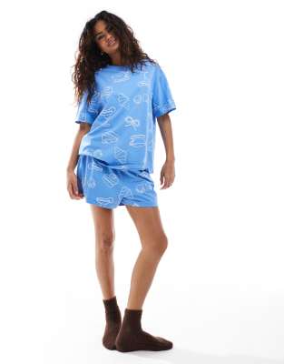 brunch oversized tee & short pajama set in blue