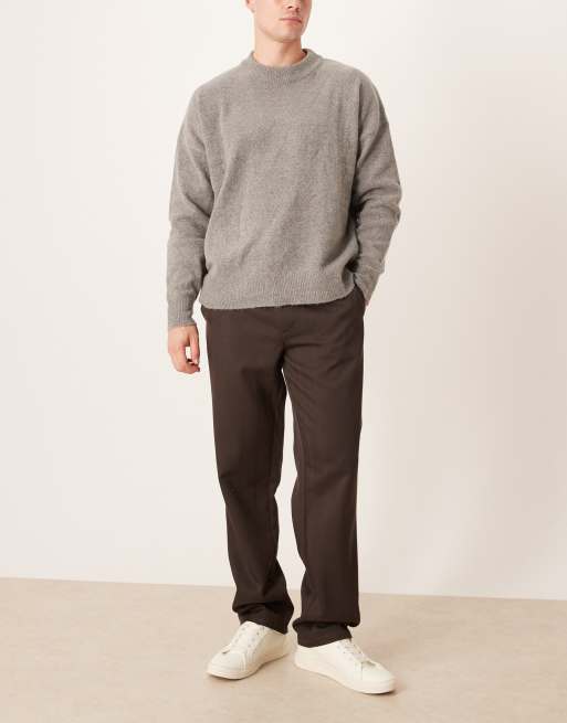 ASOS DESIGN - Brune bukser med lige ben, bindebåndsbælte og sildebensmønster i uldlook, 2 af 5