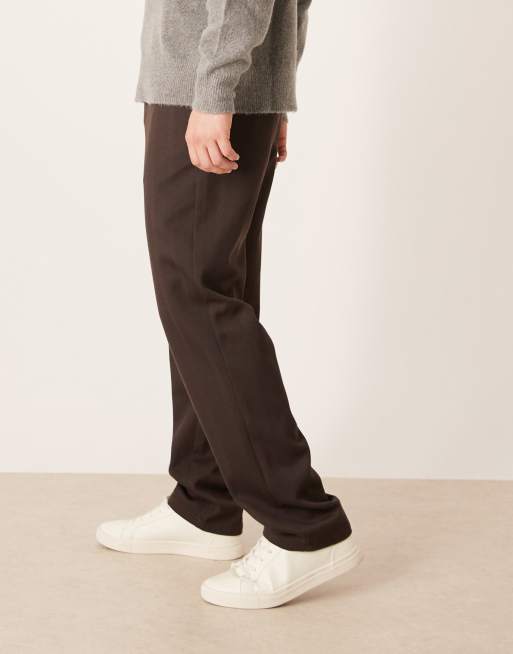 ASOS DESIGN - Brune bukser med lige ben, bindebåndsbælte og sildebensmønster i uldlook, 3 af 5