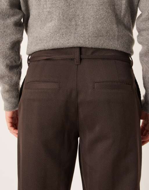 ASOS DESIGN - Brune bukser med lige ben, bindebåndsbælte og sildebensmønster i uldlook, 5 af 5