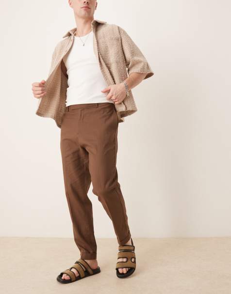 ASOS DESIGN - Brune elegante bukser med tapered pasform og opsmøg i hørblanding - view 1