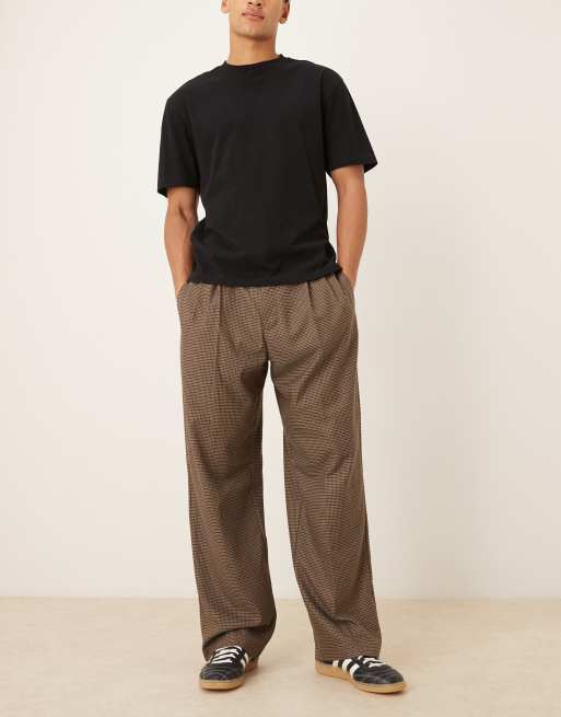 ASOS DESIGN - Brune elegante bukser med vide ben og halv elastisk kant i taljekanten i pepitatern, 2 af 5
