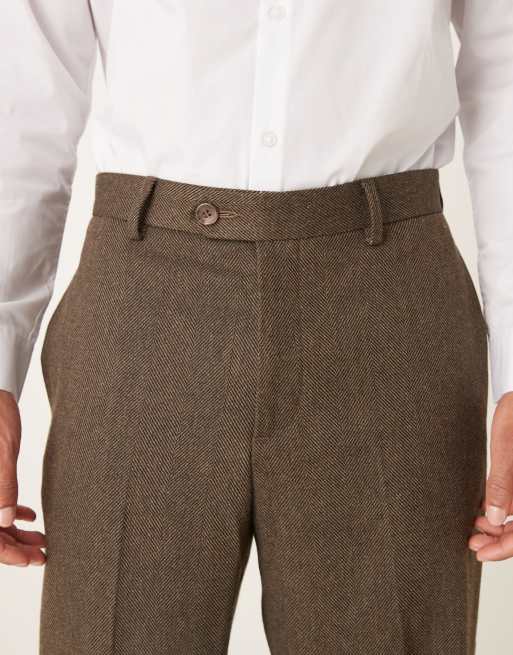 ASOS DESIGN - Brune elegante tapered afslappede bukser med synlig knap og opsmøgne buksekanter i uldblanding, 4 af 5