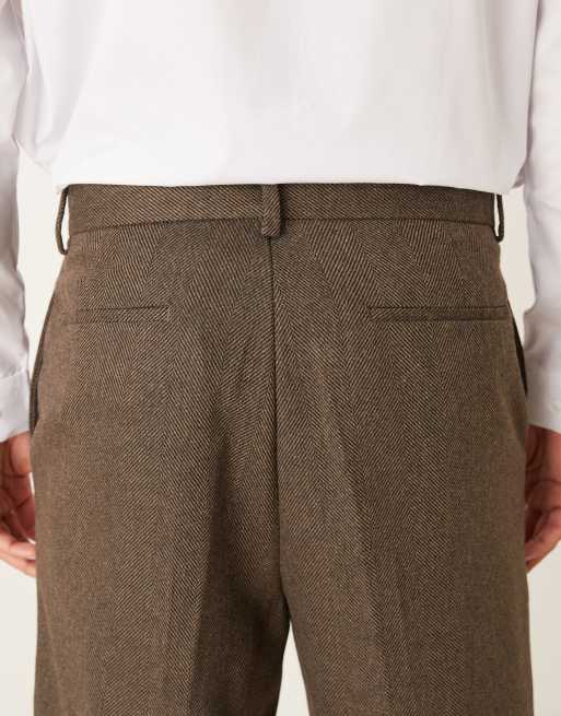 ASOS DESIGN - Brune elegante tapered afslappede bukser med synlig knap og opsmøgne buksekanter i uldblanding, 5 af 5