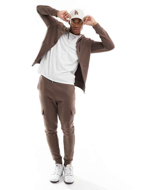 ASOS DESIGN - Brune, forvasket og skinny træningssæt med hættetrøje og skinny cargojoggingbukser