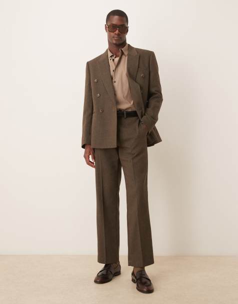ASOS DESIGN - Brune habitbukser i uldblanding med lige ben og sildebensmønster - view 1