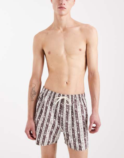 ASOS DESIGN - Brune korte badeshorts med striber og blomstermønster - view 1