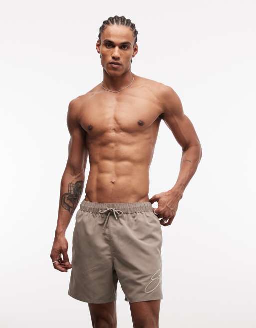 ASOS DESIGN - Brune mellemlange badeshorts med broderi, 2 af 5