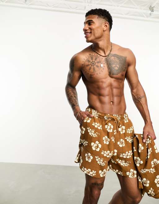 ASOS DESIGN - Brune mellemlange shorts med vidde og blomsterprint i hør - Del af sæt