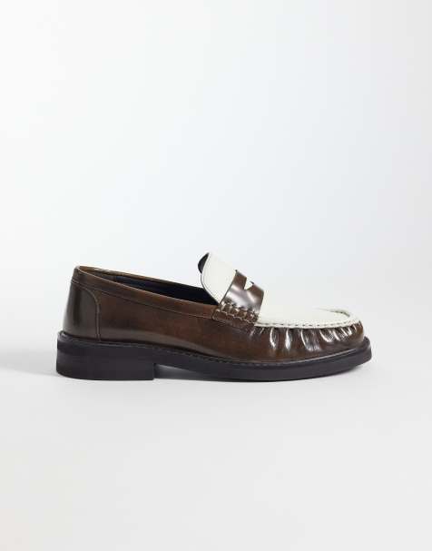ASOS DESIGN - Brune og cremefarvede penny-loafers i læder med rynket overdel - view 1