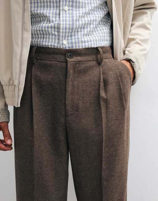 ASOS DESIGN - Brune skræddersyede bukser med brede ben samt elastisk talje og plisseringer i uldblanding, 3 af 5