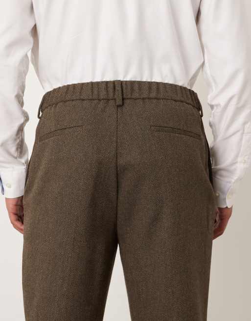 ASOS DESIGN - Brune skræddersyede tapered bukser med halvt elastisk taljebånd i uld, 4 af 5