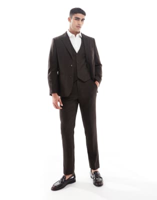 ASOS DESIGN - Brune slim-habitbukser i uldblanding med sildebensmønster - view 1