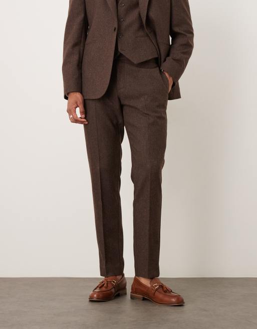 ASOS DESIGN - Brune smalle habitbukser med sildebensmønster i uld, 2 af 5