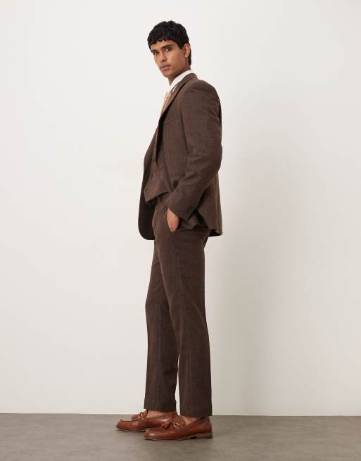 ASOS DESIGN - Brune smalle habitbukser med sildebensmønster i uld, 3 af 5