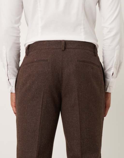 ASOS DESIGN - Brune smalle habitbukser med sildebensmønster i uld, 4 af 5