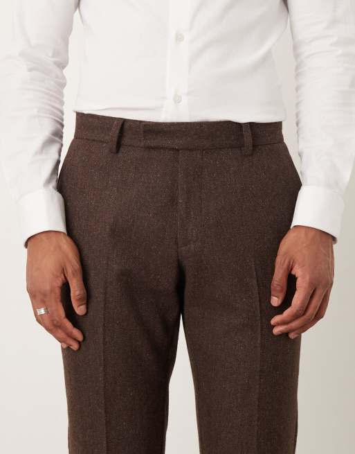 ASOS DESIGN - Brune smalle habitbukser med sildebensmønster i uld, 5 af 5