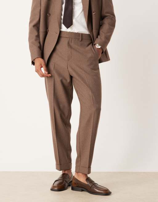 ASOS DESIGN - Brune tapered habitbukser med nålestriber i uldblanding, 2 af 5