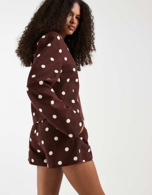 ASOS DESIGN - Brune tætsiddende shorts med høj talje og polkaprikker i hørblanding, 4 af 5