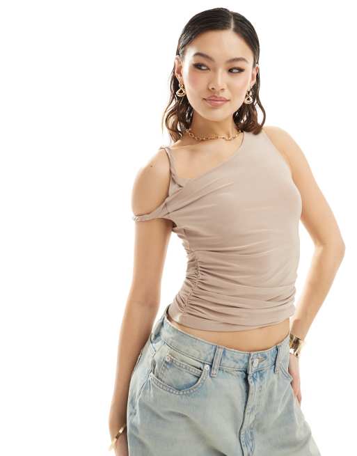 ASOS DESIGN – Brungrå draperad topp med snurrade axelband