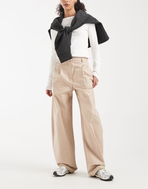 ASOS DESIGN – Brungrå, figursydda byxor i bomullssatin med barrelben - view 1