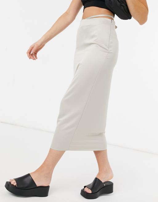 ASOS DESIGN – Brungrå slipkjol i satin och midilängd med dragsko i midjan, 4 av 4