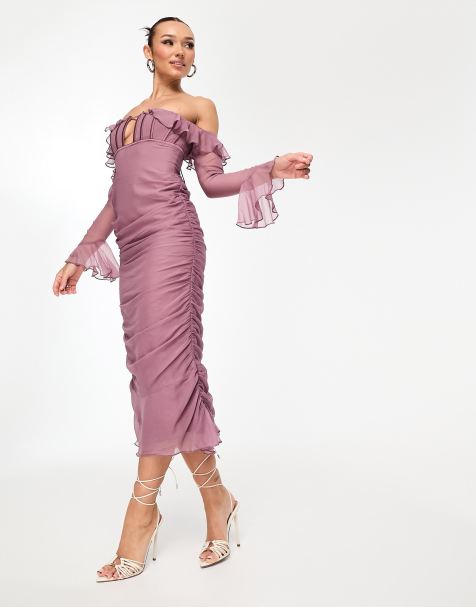 ASOS DESIGN – Brunlila midiklänning med korsett och rynkad kjol - view 1