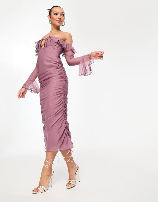 ASOS DESIGN – Brunlila midiklänning med korsett och rynkad kjol