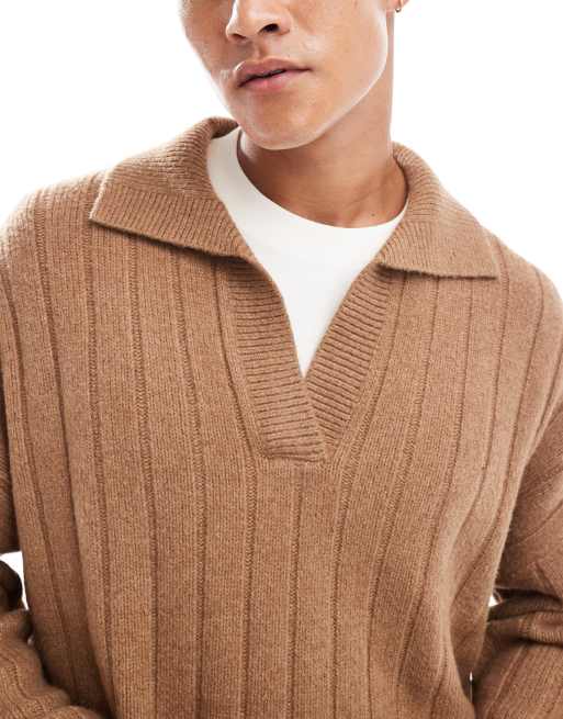 ASOS DESIGN – Brunmelerad, ribbstickad tröja i oversize med notch-krage, 4 av 4