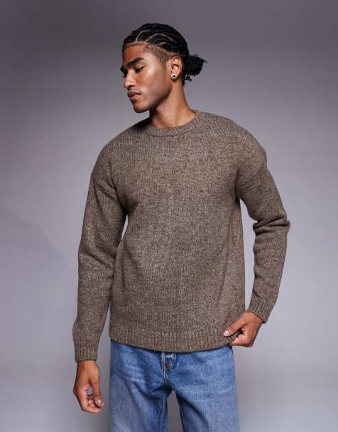 ASOS DESIGN – Brunmelerad, stickad tröja med rund halsringning och avslappnad passform - view 1