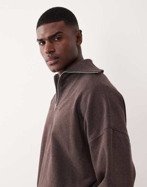 ASOS DESIGN – Brunmelerad sweatshirt i oversize med sänkt axelsöm, kort dragkedja och krage, 4 av 5