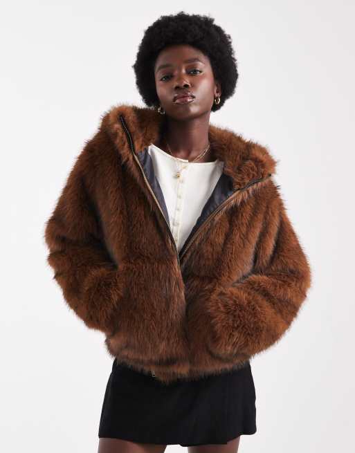 ASOS DESIGN – Brunorange bomberkappa i fuskpäls med huva, 2 av 4