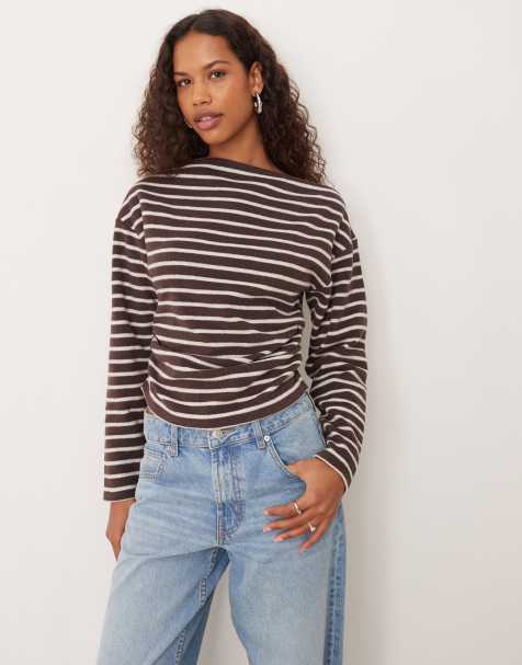 ASOS DESIGN – Brunrandig, baraxlad topp med indragen detalj och borstad finish - view 1