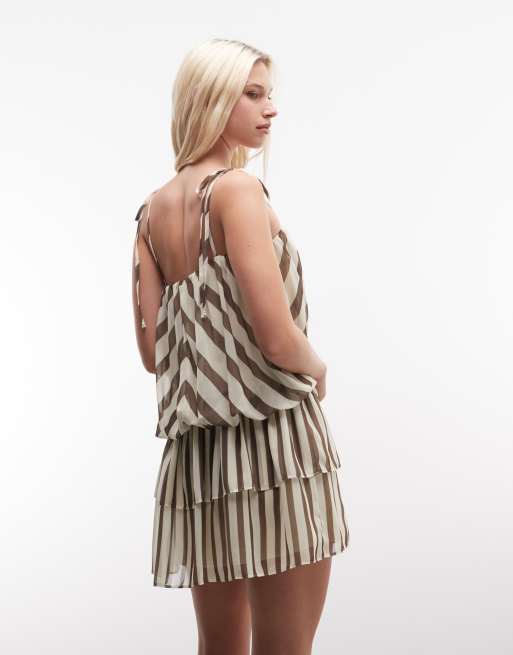 ASOS DESIGN – Brunrandig miniklänning i chiffong med sänkt midja och ballongfåll, 3 av 4