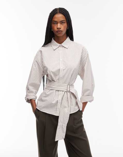 ASOS DESIGN – Brunrandig poplinskjorta med skärp och indragen midja - view 1