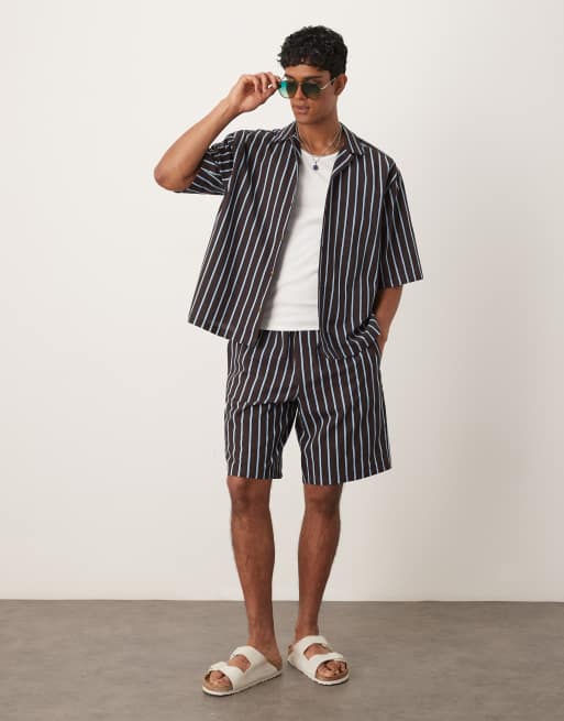 ASOS DESIGN – Brunrandig skjorta i oversize med boxig passform och platt krage, del av set, 2 av 4