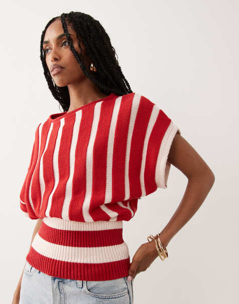 ASOS DESIGN – Brunrandig, stickad topp med markerad midja - view 1