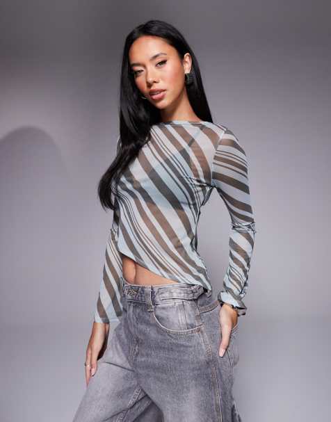 ASOS DESIGN – Brunrandig topp i mesh med asymmetrisk fåll - view 1