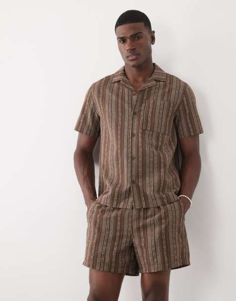 ASOS DESIGN – Brunrandiga, vida, halvlånga shorts med resår, del av set - view 1